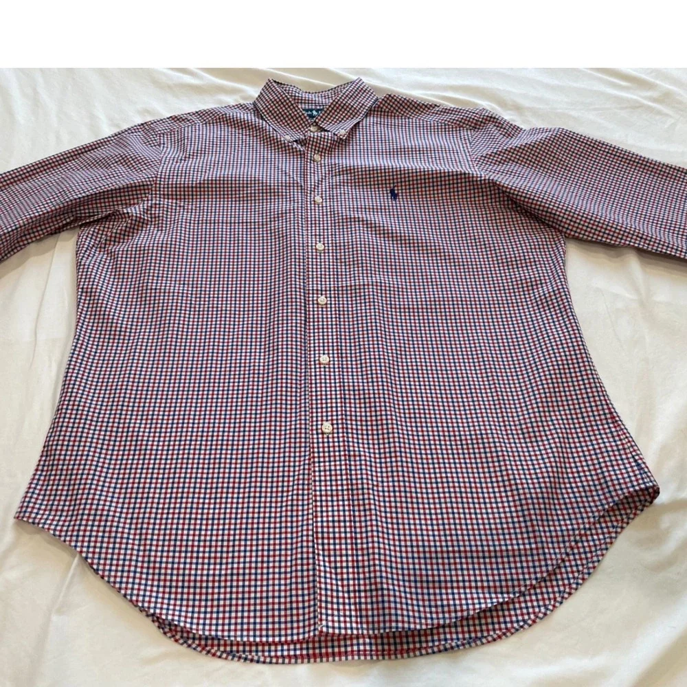 Polo Ralph Lauren Mens Large Gingham Button Down Shirt Red White Blue Cotton